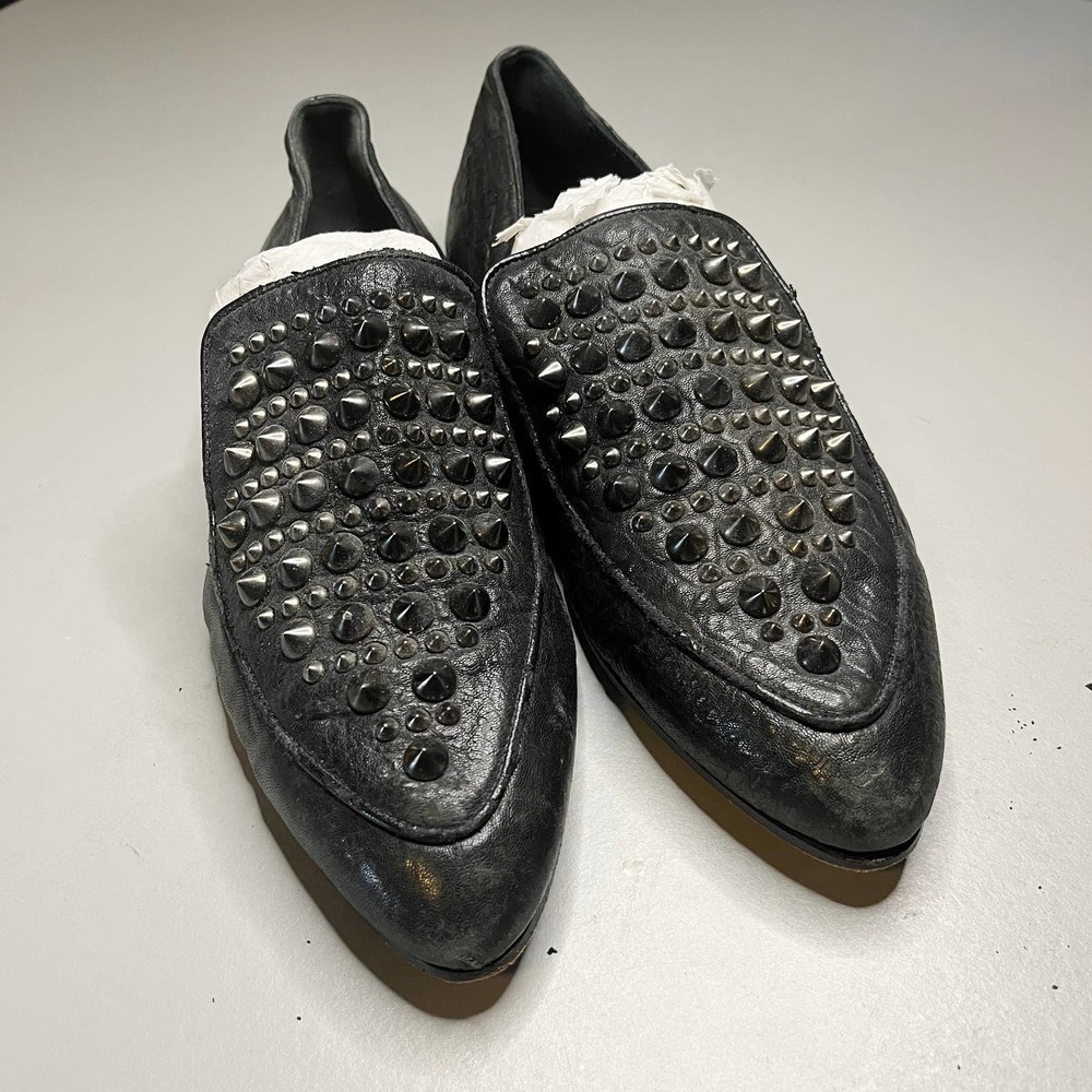 All Saints Studded Loafers Women's EU 40 US 10 Black Leather Slip On Pointed Toe